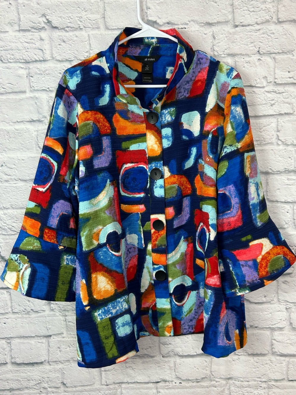 Ali Miles 1X Abstract Art Print Swing Jacket Blue Multicolor Bell Sleeve